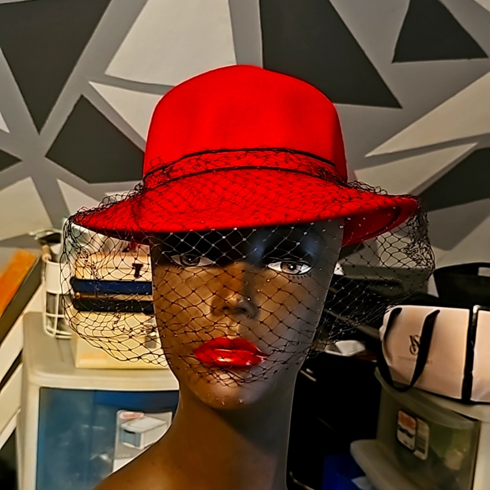 Red Designer Hat, Geo W Bollman, Junior Seasons, Red Ribbon, Black Trim w/Lace